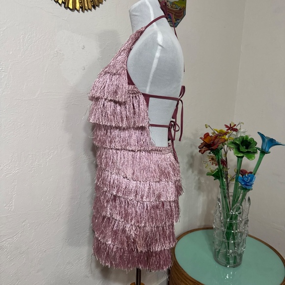 Women Missguided Pink Fringe Halter 1920's Flapper Style Cocktail Party Romper 6 - Picture 4 of 16